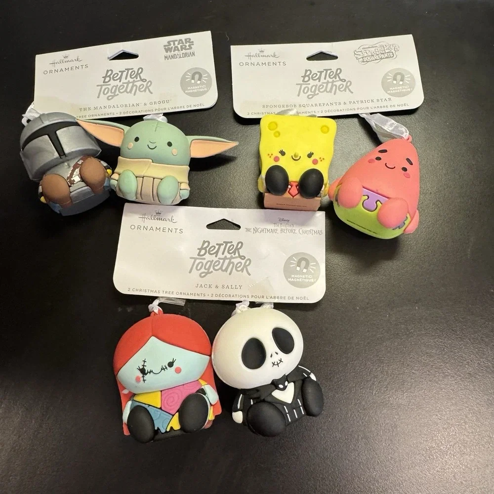3 Sets Hallmark Better Together Magnetic Ornaments SpongeBob jack Sally & Grogu‎